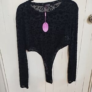 Avid Love NWT Elegant Black Leopard Print Sheer, Long Sleeve Bodysuit XXL.